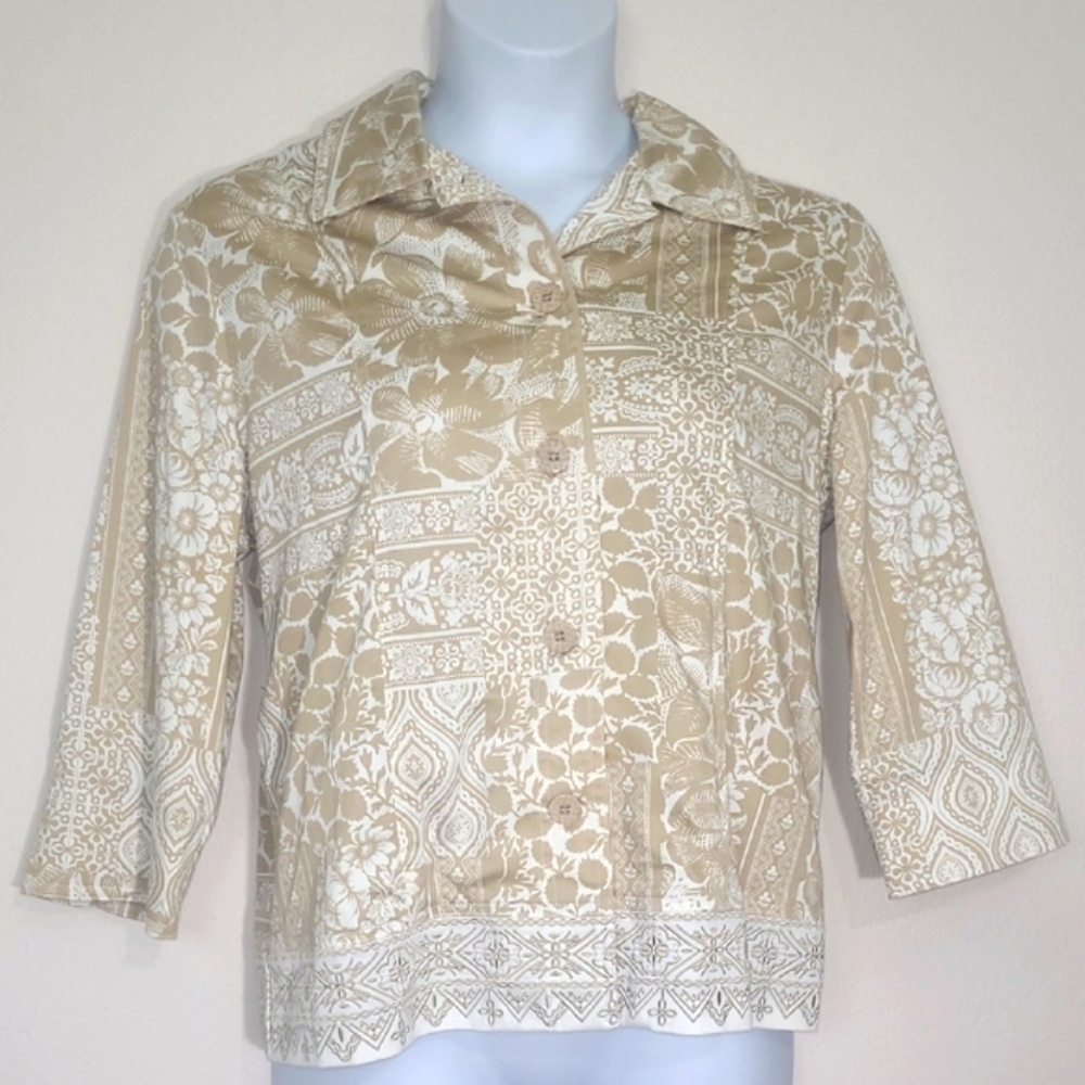 Draper’s & Damon’s Beige White Floral Jacket 3/4 Sleeve Button Lined Size 12